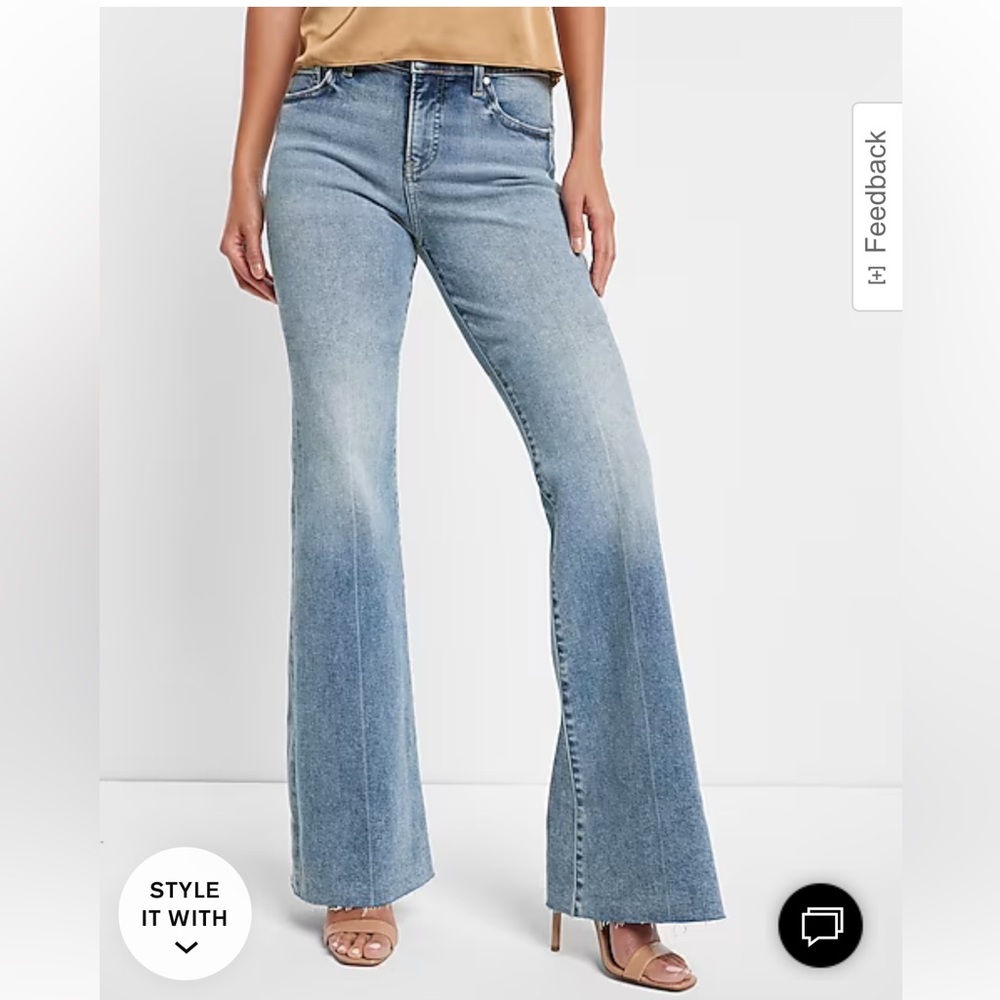 Express Mid Rise Light Wash Raw Hem '70s Flare Jeans